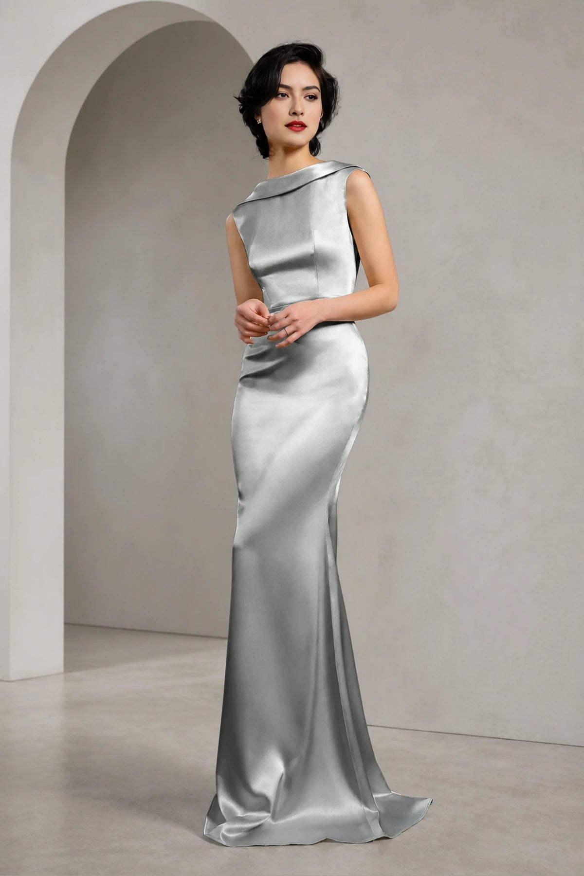 Satin Mermaid Cowl Back Sleeveless Long Wedding Guest Dress