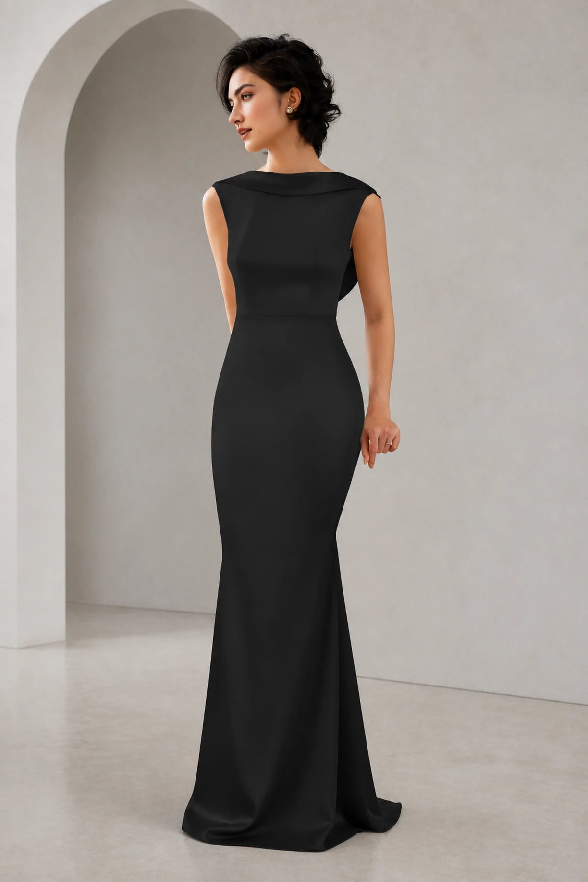 Satin Mermaid Cowl Back Sleeveless Long Wedding Guest Dress