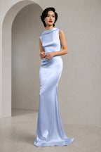 Satin Mermaid Cowl Back Sleeveless Long Wedding Guest Dress