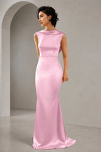 Satin Mermaid Cowl Back Sleeveless Long Wedding Guest Dress
