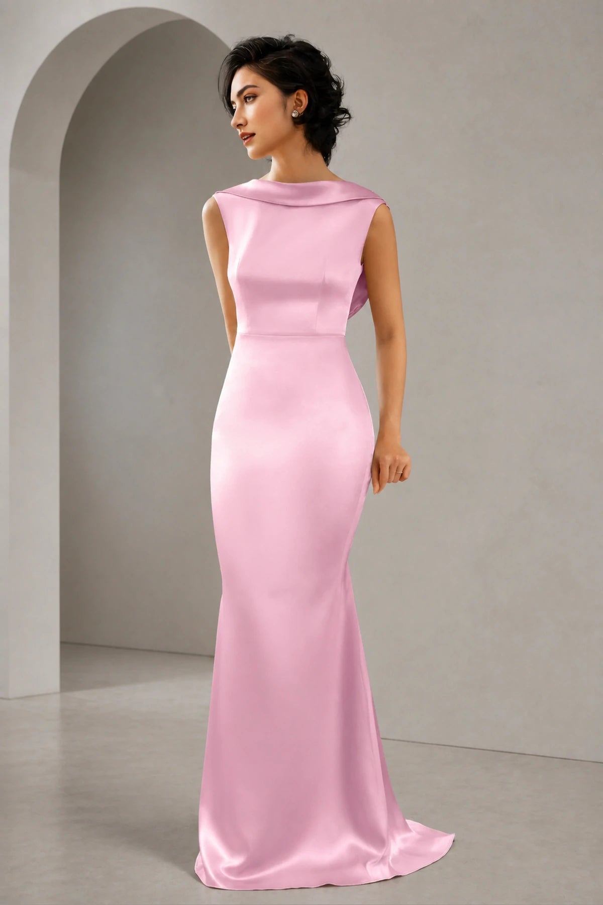 Satin Mermaid Cowl Back Sleeveless Long Wedding Guest Dress