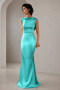 Satin Mermaid Cowl Back Sleeveless Long Wedding Guest Dress