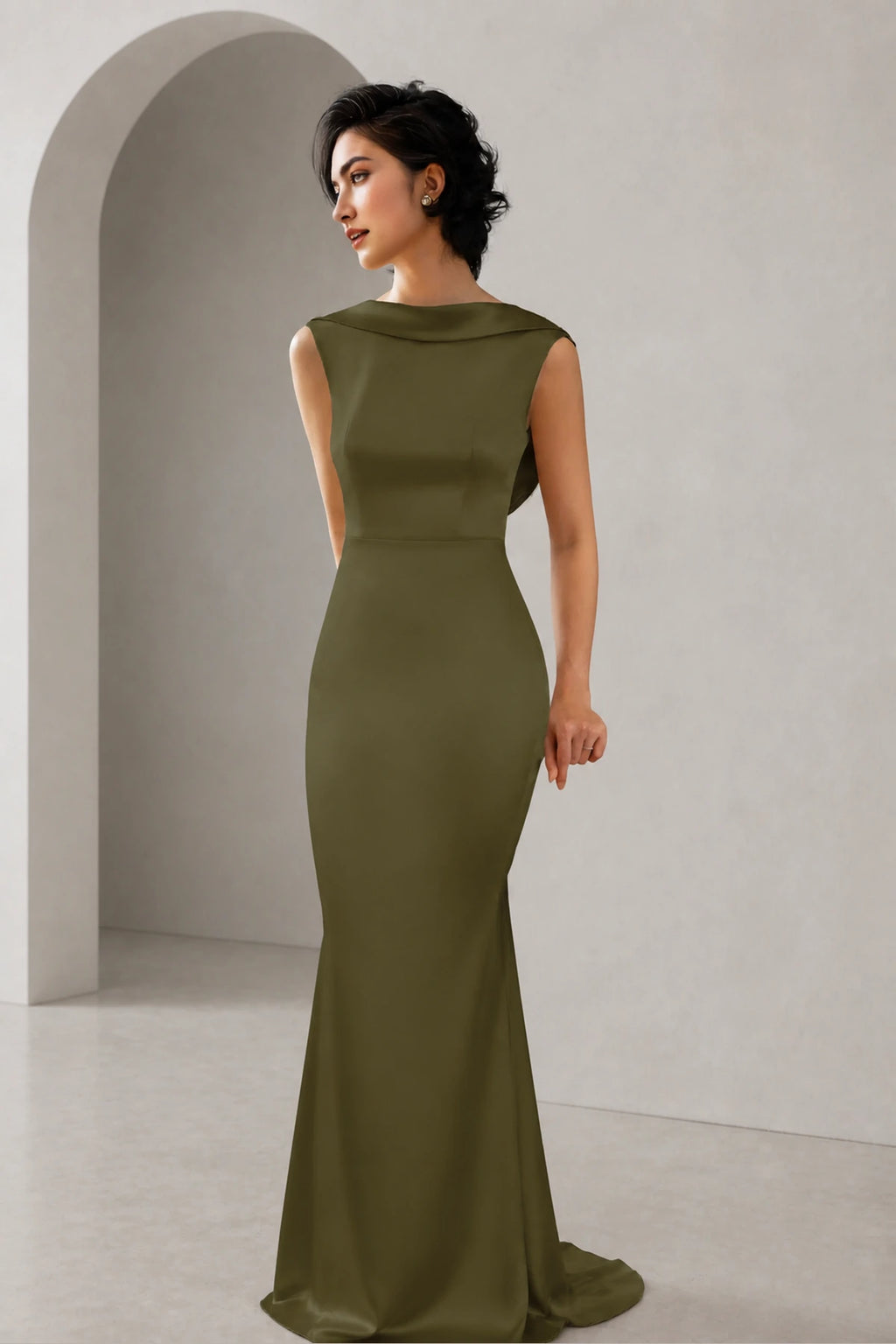 Satin Mermaid Cowl Back Sleeveless Long Wedding Guest Dress