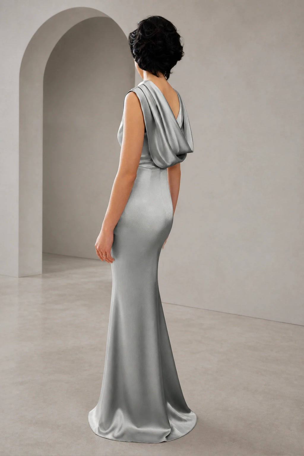 Satin Mermaid Cowl Back Sleeveless Long Wedding Guest Dress