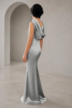 Satin Mermaid Cowl Back Sleeveless Long Wedding Guest Dress