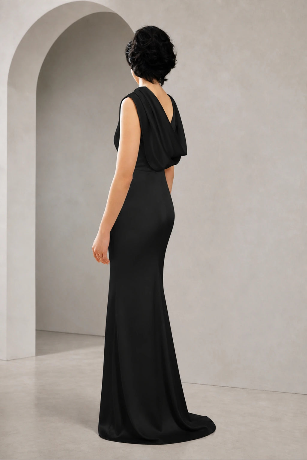 Satin Mermaid Cowl Back Sleeveless Long Wedding Guest Dress