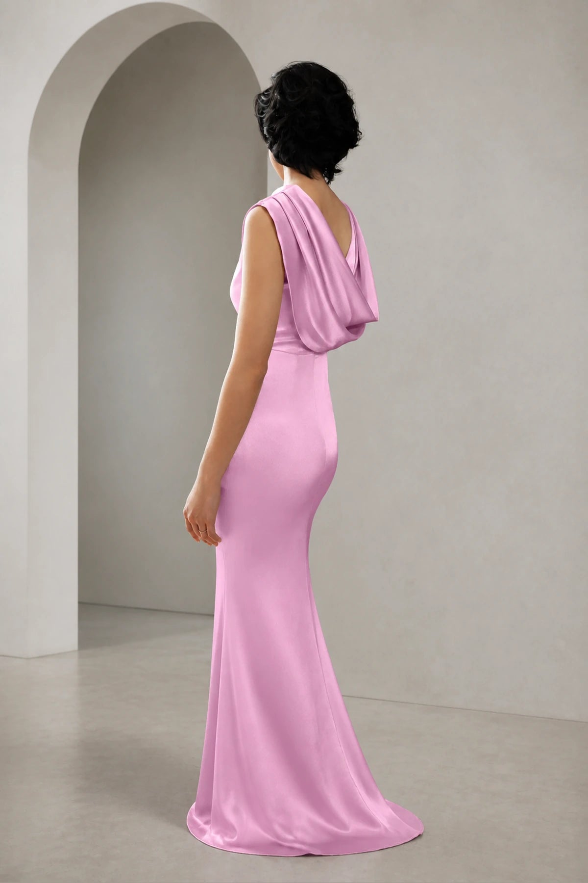 Satin Mermaid Cowl Back Sleeveless Long Wedding Guest Dress