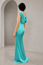 Satin Mermaid Cowl Back Sleeveless Long Wedding Guest Dress