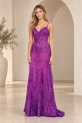 Front view of Graceprom violet spaghetti strap mermaid prom dress with floral sequin lace, v-neck and beaded waistband