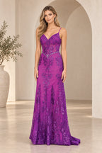 Front view of Graceprom violet spaghetti strap mermaid prom dress with floral sequin lace, v-neck and beaded waistband