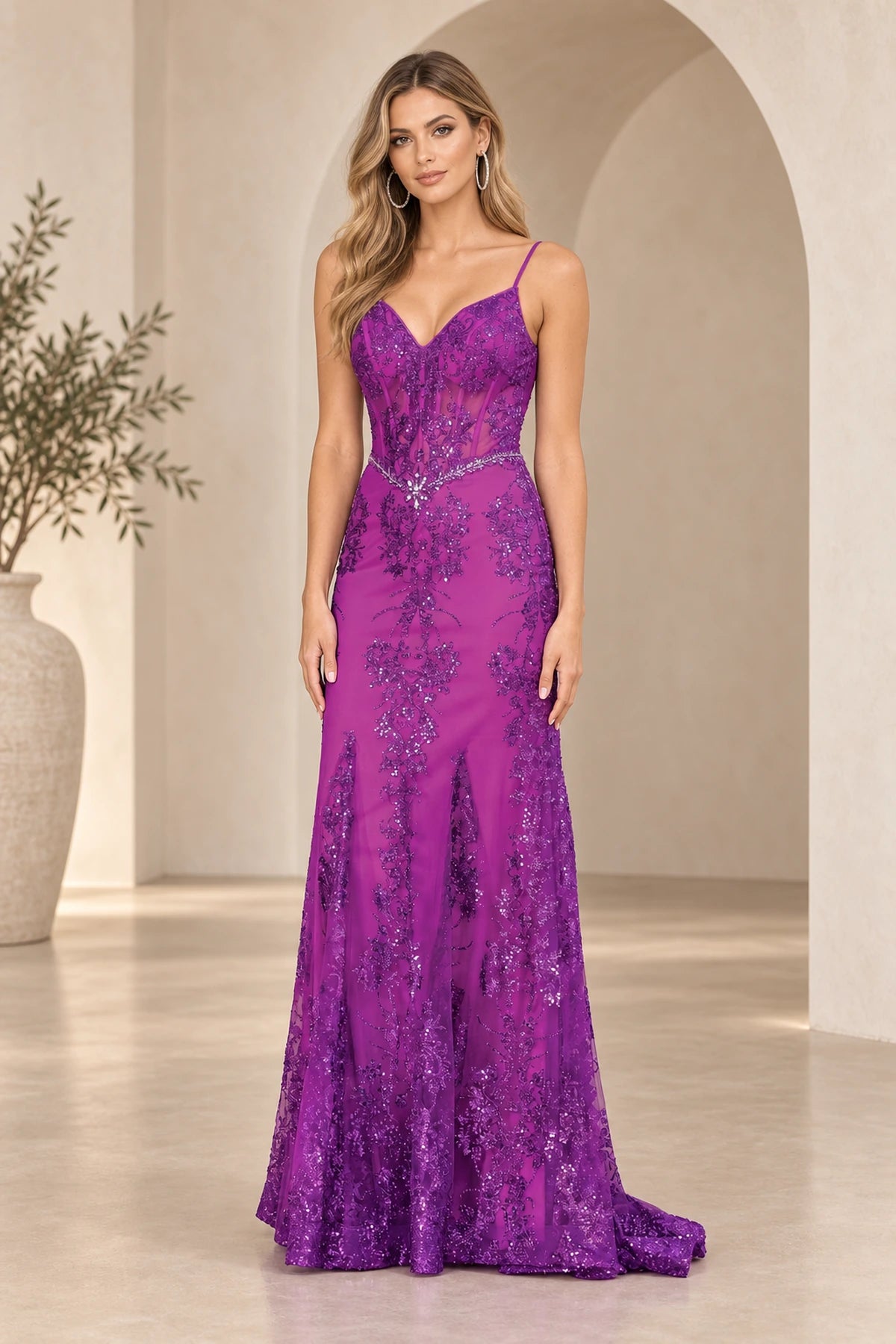 Front view of Graceprom violet spaghetti strap mermaid prom dress with floral sequin lace, v-neck and beaded waistband