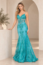 Violet Spaghetti Strap Floral Sequin Lace Mermaid V Neck Long Prom Dress