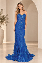 Violet Spaghetti Strap Floral Sequin Lace Mermaid V Neck Long Prom Dress