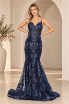 Violet Spaghetti Strap Floral Sequin Lace Mermaid V Neck Long Prom Dress