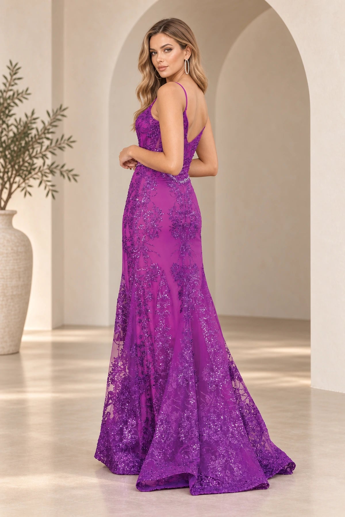 Back view of Graceprom violet spaghetti strap mermaid prom dress with low open back, floral sequin lace and sweep train
