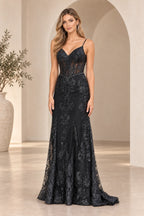 Violet Spaghetti Strap Floral Sequin Lace Mermaid V Neck Long Prom Dress
