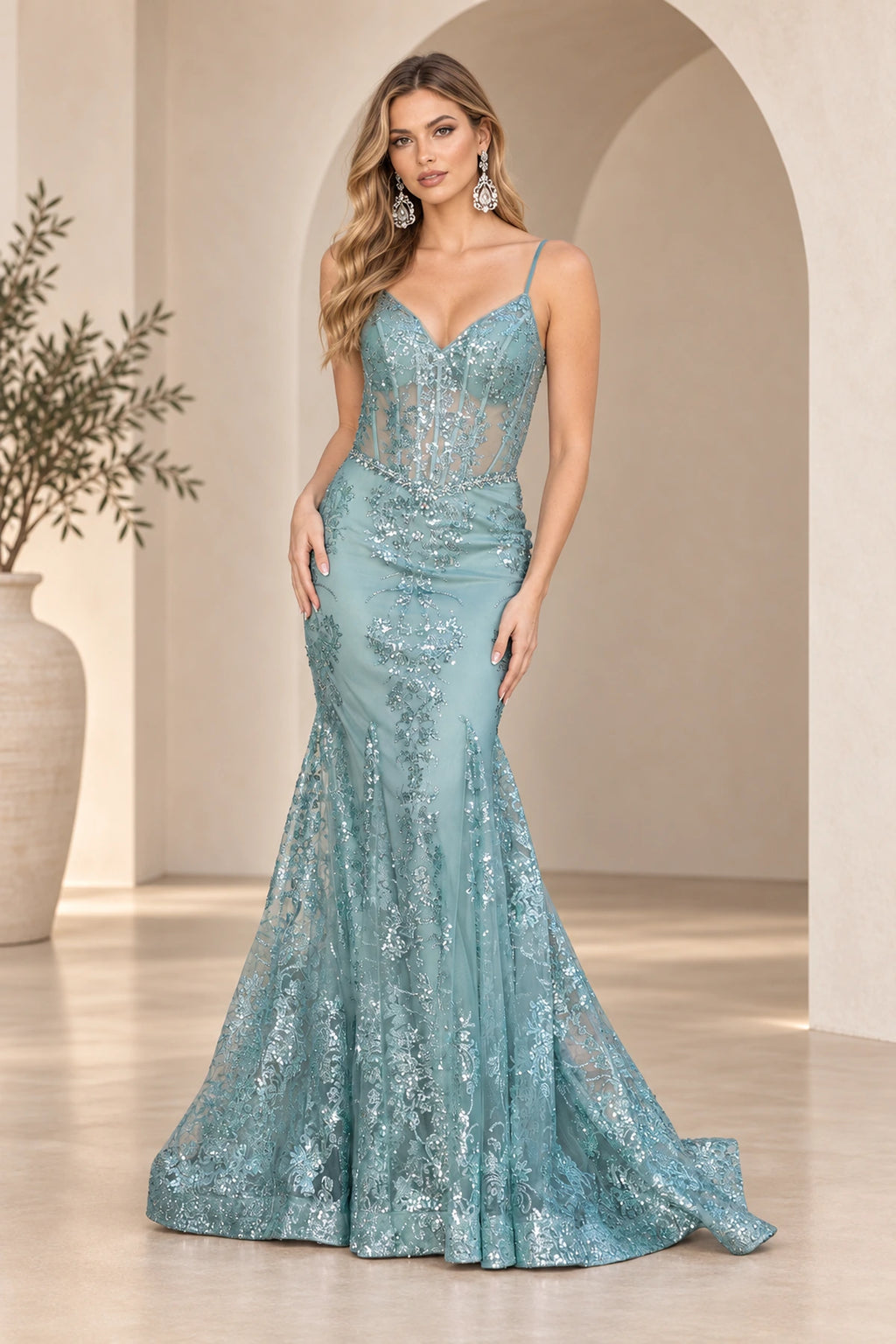 Violet Spaghetti Strap Floral Sequin Lace Mermaid V Neck Long Prom Dress