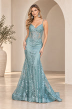 Violet Spaghetti Strap Floral Sequin Lace Mermaid V Neck Long Prom Dress