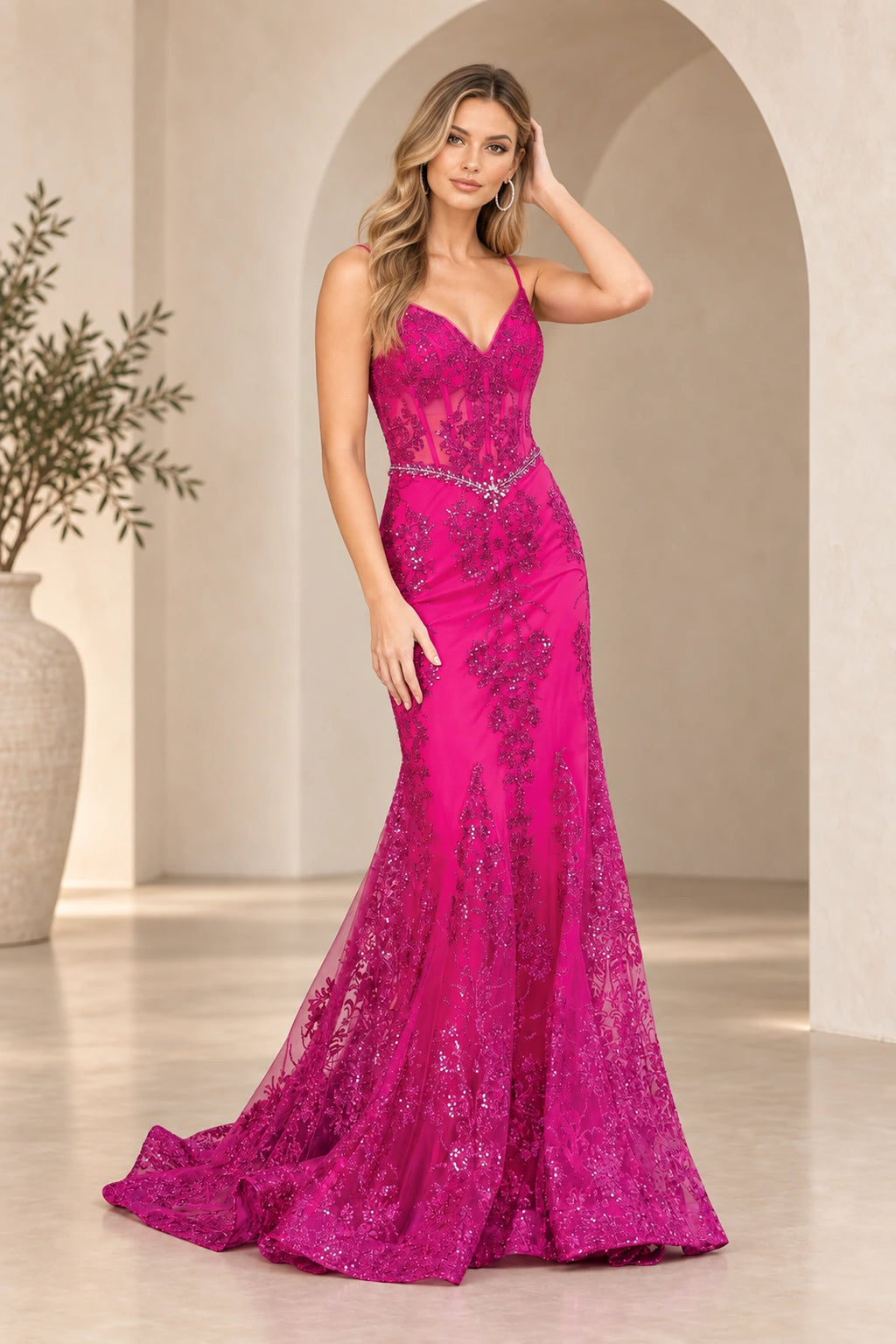 Violet Spaghetti Strap Floral Sequin Lace Mermaid V Neck Long Prom Dress