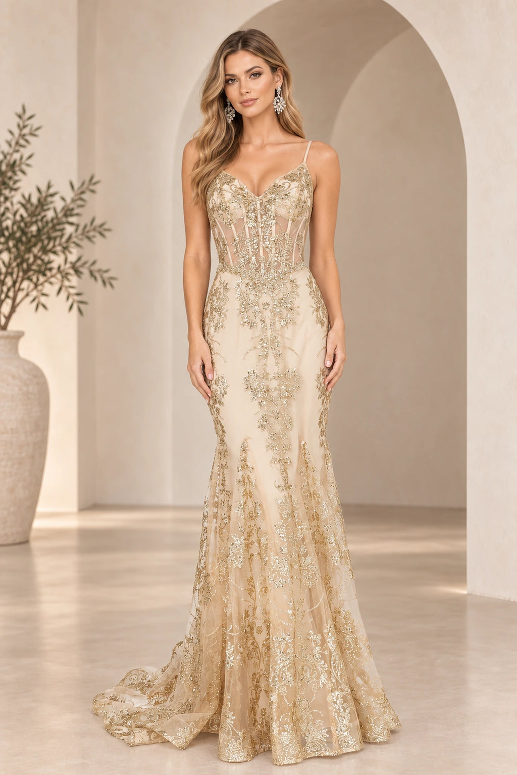 Violet Spaghetti Strap Floral Sequin Lace Mermaid V Neck Long Prom Dress