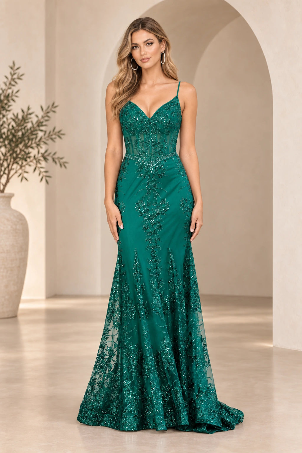 Violet Spaghetti Strap Floral Sequin Lace Mermaid V Neck Long Prom Dress