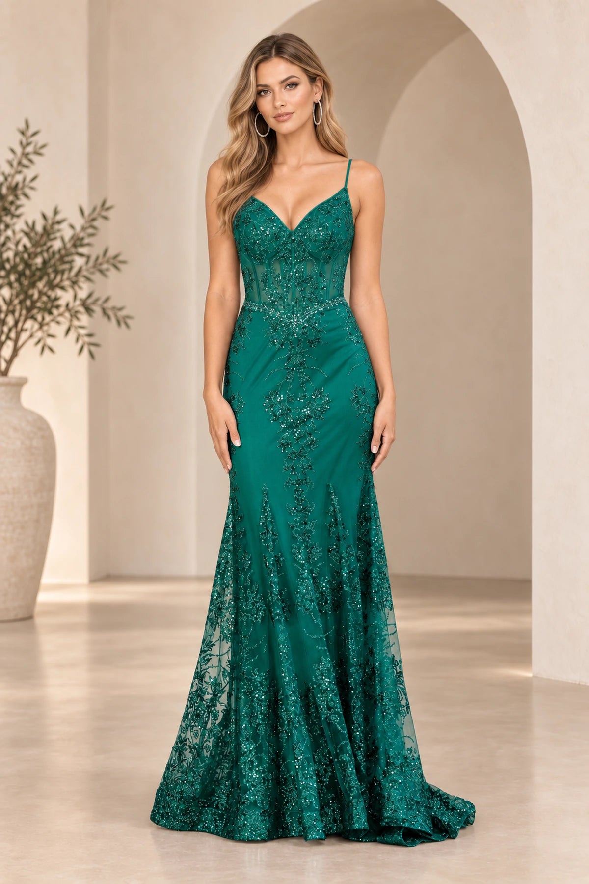 Violet Spaghetti Strap Floral Sequin Lace Mermaid V Neck Long Prom Dress