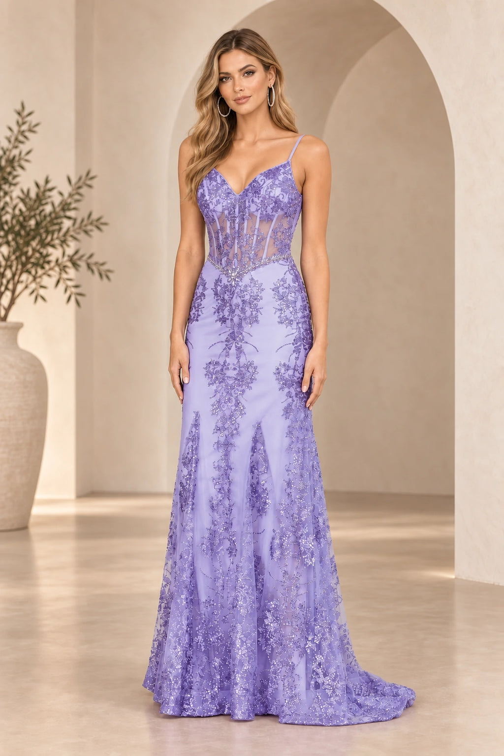 Violet Spaghetti Strap Floral Sequin Lace Mermaid V Neck Long Prom Dress