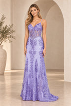 Violet Spaghetti Strap Floral Sequin Lace Mermaid V Neck Long Prom Dress