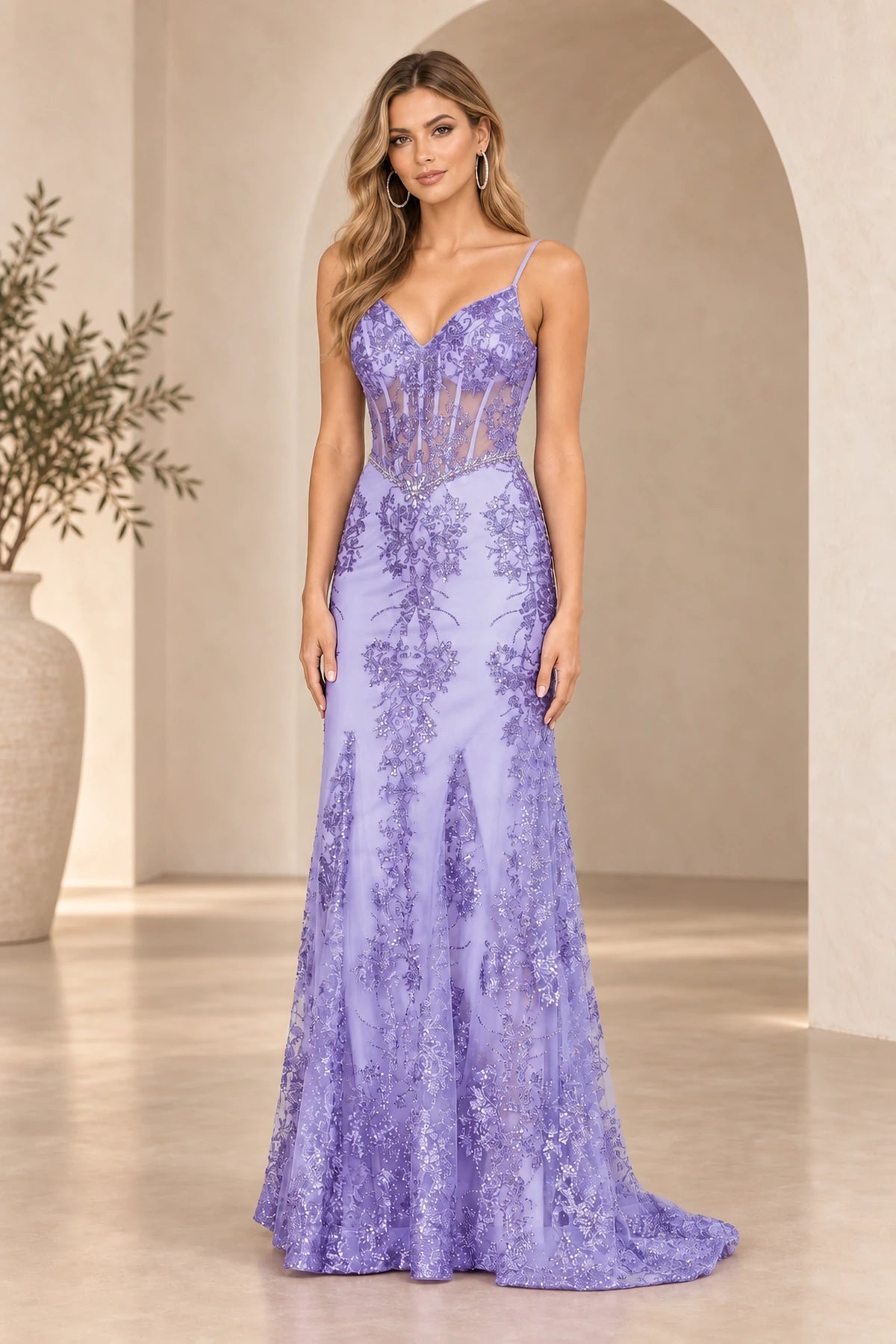 Violet Spaghetti Strap Floral Sequin Lace Mermaid V Neck Long Prom Dress