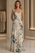 Floral A-Line Square Neck Sleeveless Zipper-Back Long Bridesmaid Dress