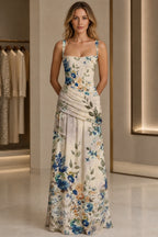 Floral A-Line Square Neck Sleeveless Zipper-Back Long Bridesmaid Dress