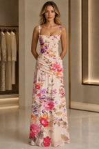 Floral A-Line Square Neck Sleeveless Zipper-Back Long Bridesmaid Dress