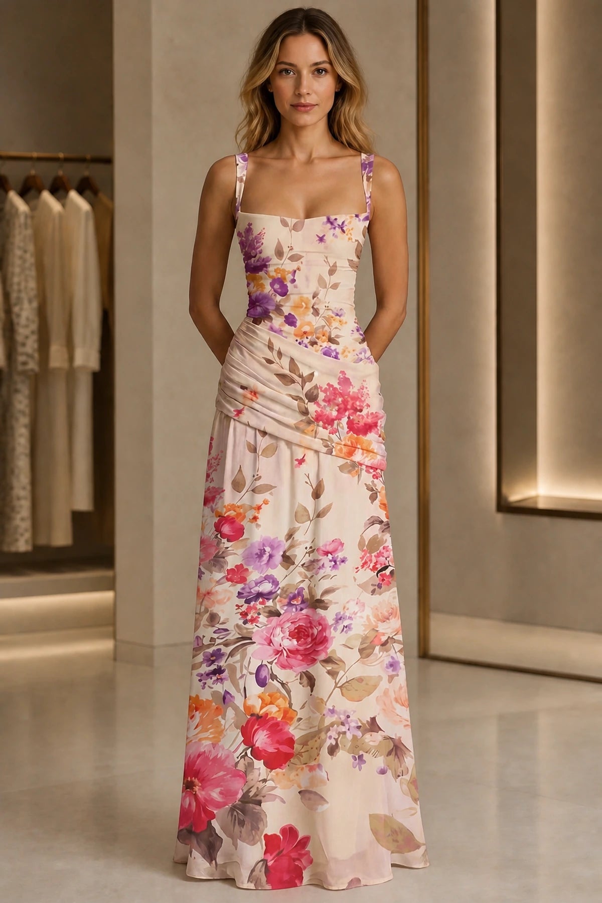 Floral A-Line Square Neck Sleeveless Zipper-Back Long Bridesmaid Dress