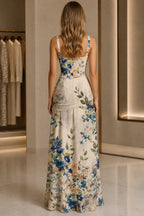 Floral A-Line Square Neck Sleeveless Zipper-Back Long Bridesmaid Dress
