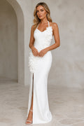 graceprom white mermaid wedding guest dress front view, halter neck, 3D floral appliques, high front side slit