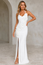 graceprom white mermaid wedding guest dress back view, open low back, fitted crepe fabric, floor length formal gown