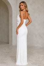 Ivory Mermaid Halter Sleeveless Open Back Long Wedding Guest Dress