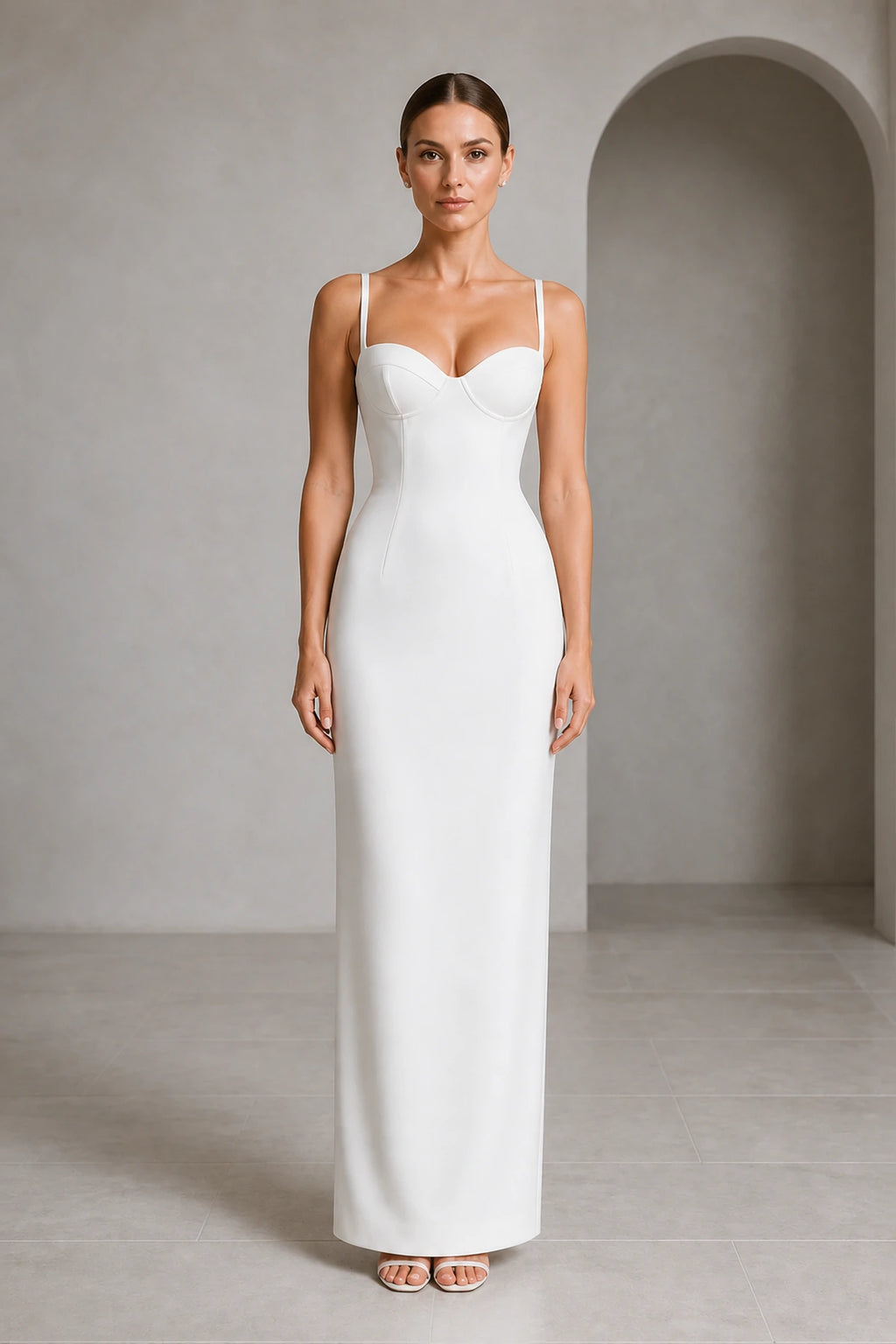 White sheath wedding guest dress with sweetheart neckline and spaghetti straps by GraceProm
