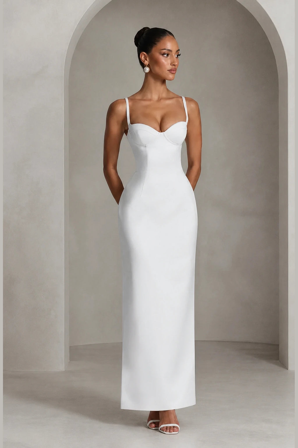 Minimalist white floor-length wedding guest dress with fitted sheath silhouette by GraceProm