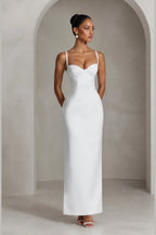 Minimalist white floor-length wedding guest dress with fitted sheath silhouette by GraceProm