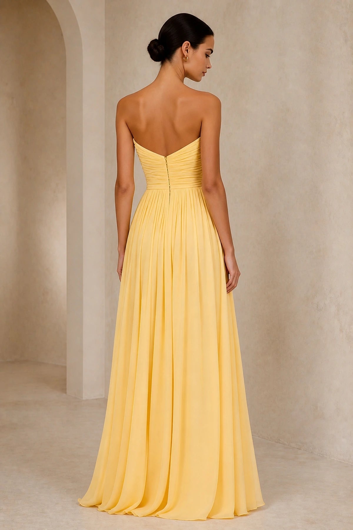 Back view Graceprom strapless yellow chiffon long bridesmaid dress with v-shaped back and center zipper closure