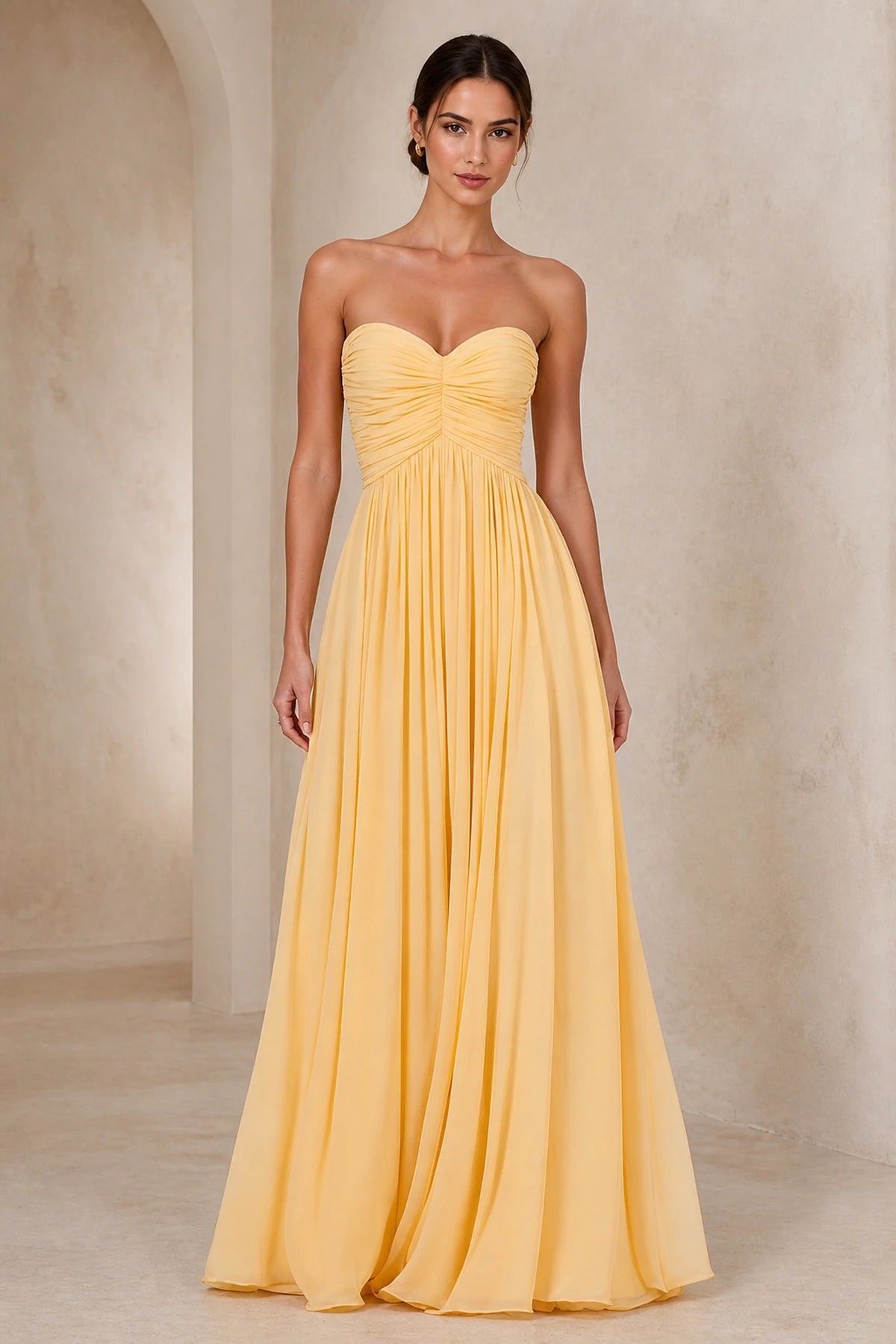 Graceprom yellow chiffon A-line bridesmaid gown with strapless sweetheart neck and ruched bodice