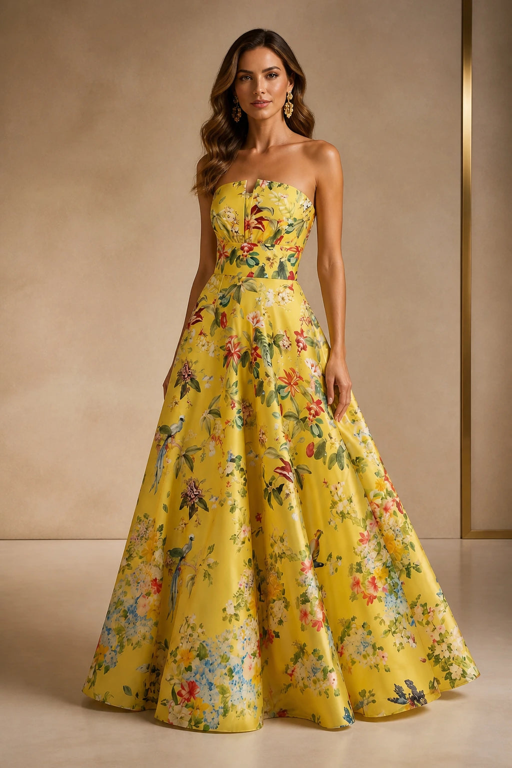 graceprom yellow floral a-line prom dress front view, strapless notched neckline, bird and flower print, full satin floor skirt