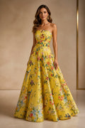graceprom yellow floral a-line prom dress front view, strapless notched neckline, bird and flower print, full satin floor skirt