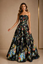 Floral Strapless A-Line Open Back Long Prom Dress