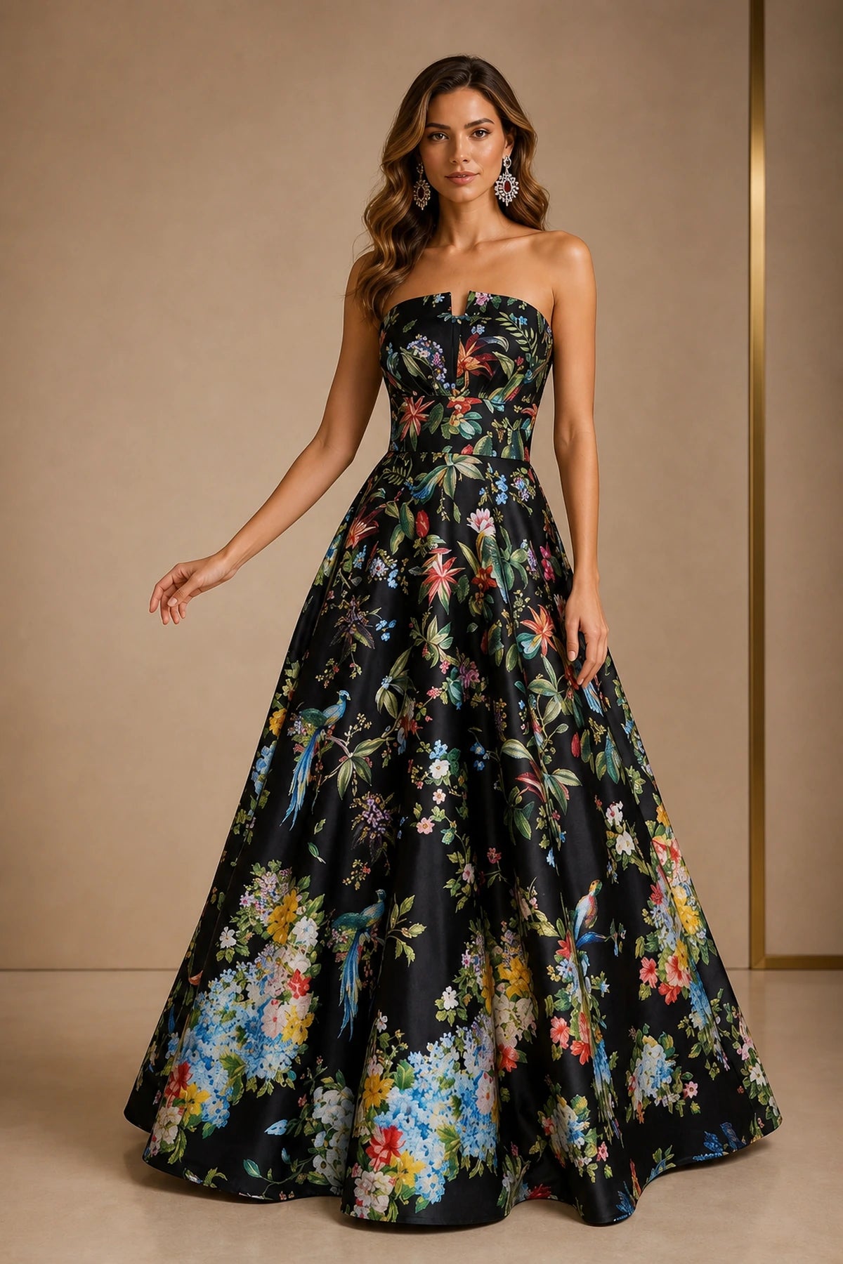 Floral Strapless A-Line Open Back Long Prom Dress