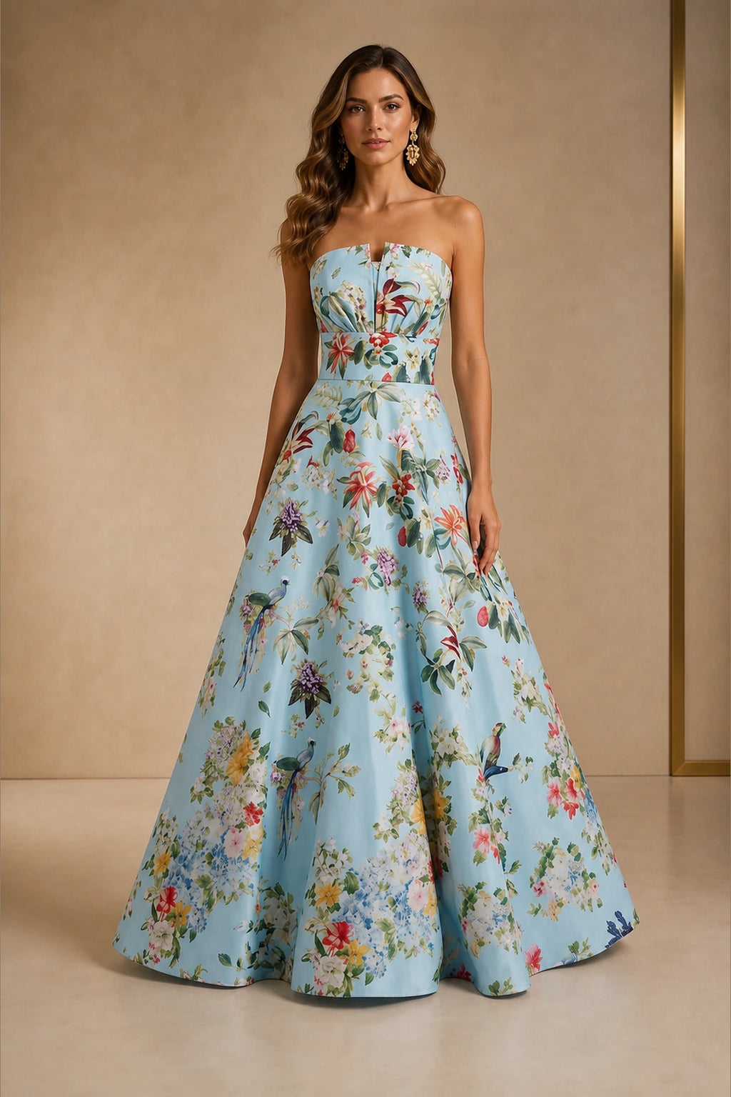 Floral Strapless A-Line Open Back Long Prom Dress