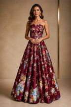 Floral Strapless A-Line Open Back Long Prom Dress