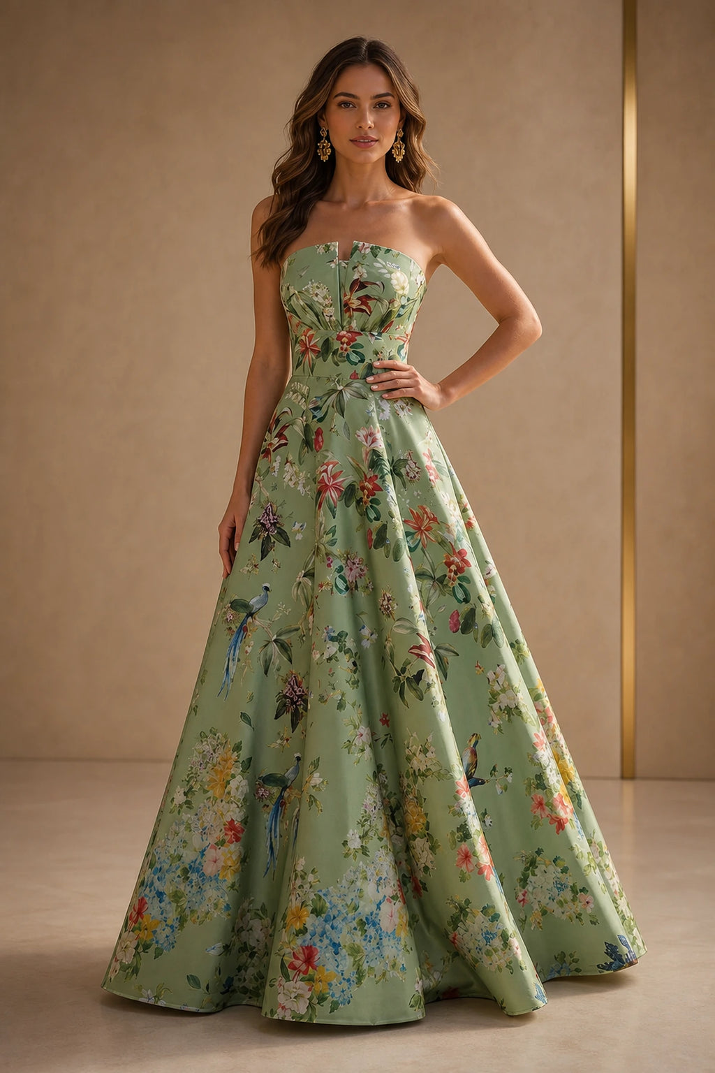 Floral Strapless A-Line Open Back Long Prom Dress