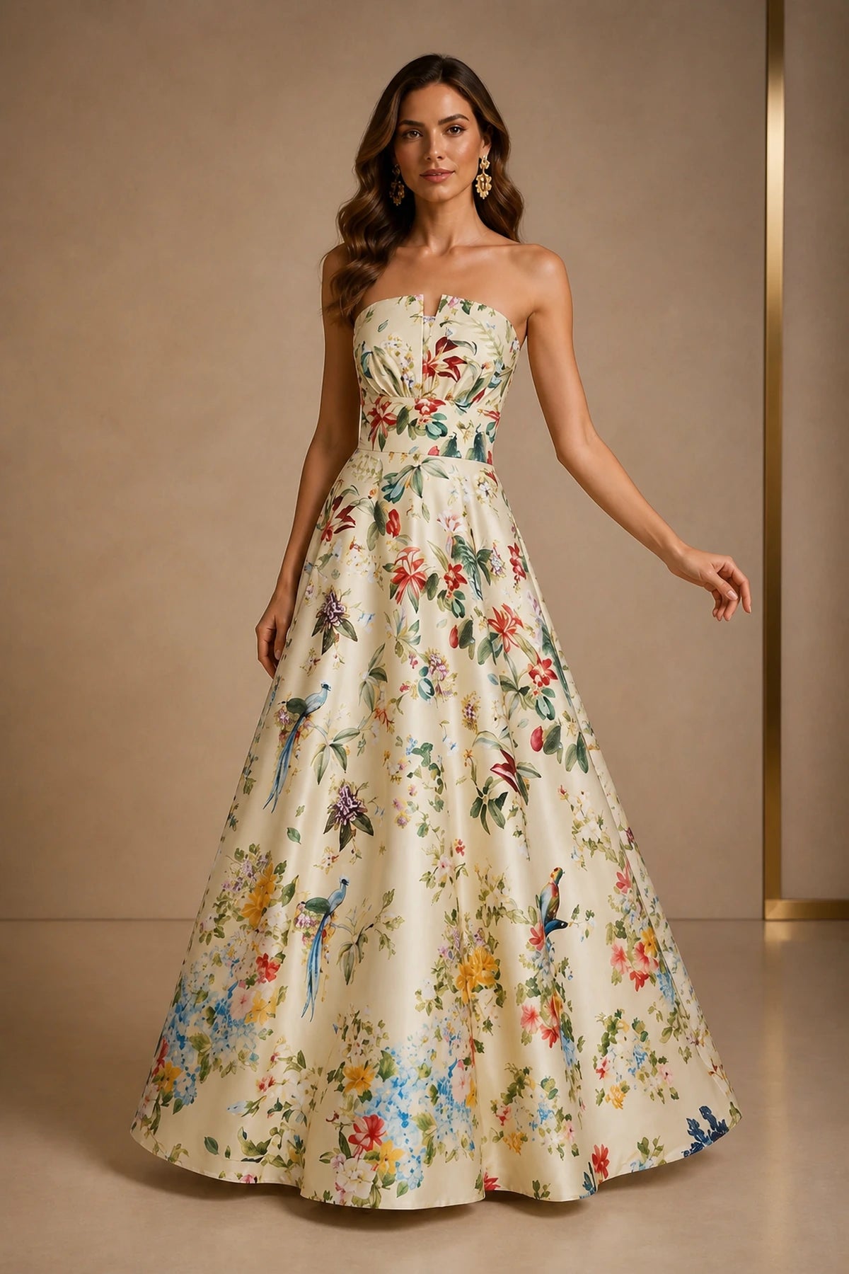 Floral Strapless A-Line Open Back Long Prom Dress
